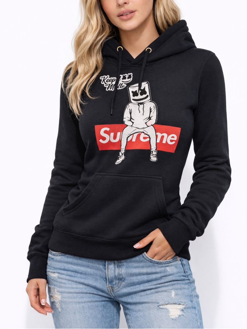 Black Graphic Hoodie Streetwear DJ Marshmallow Red Box Logo Pullover Size Small